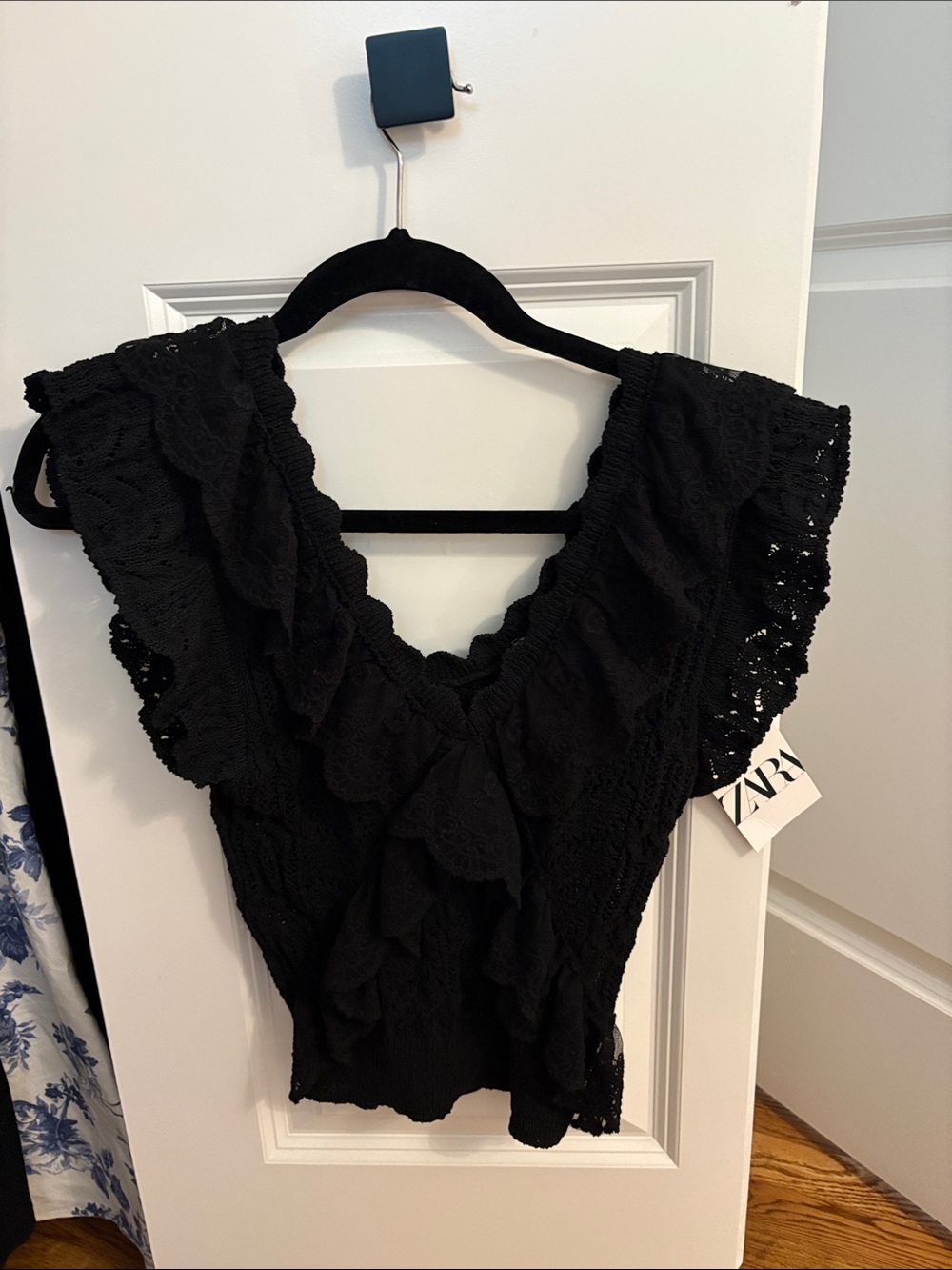 Zara Black Crochet Ruffle V-Neck Top